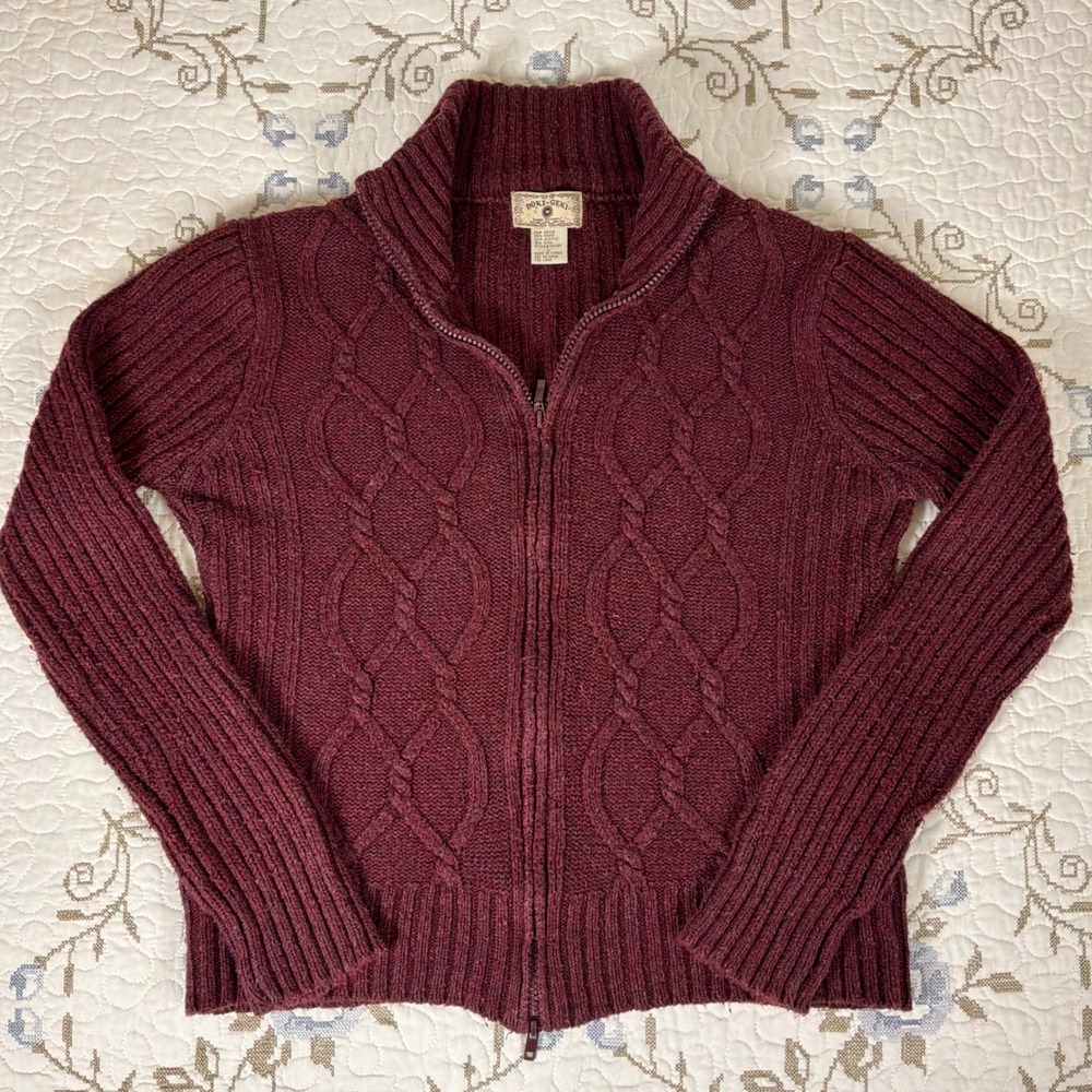 Vintage Y2K Doki Geki Cable Knit Cardigan Women L Burgundy Wool Blend Zip